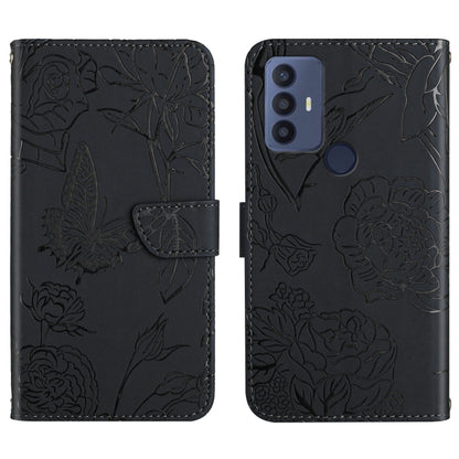 Black embossed leather phone case with peony and butterfly pattern, rear camera window