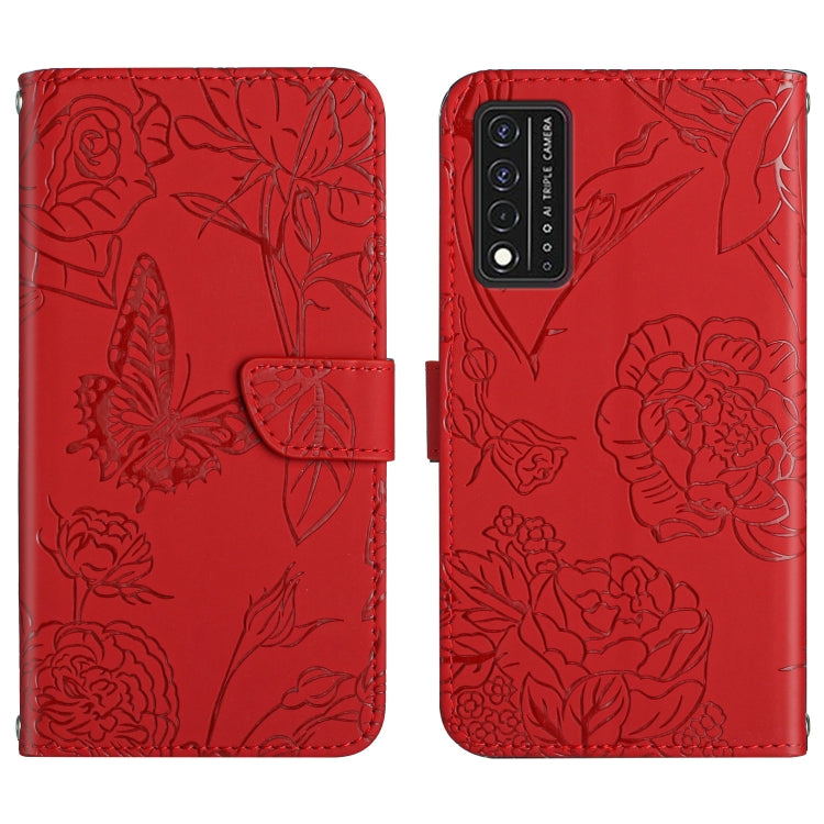 Red embossed butterfly and peony leather phone case with vertical camera panel and folio cover