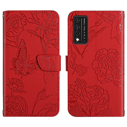 Red embossed butterfly and peony leather phone case with vertical camera panel and folio cover