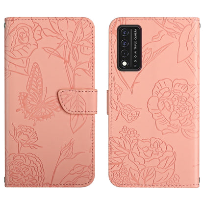 Pink embossed butterfly and peony leather phone case with folio-style cover and triple camera panel