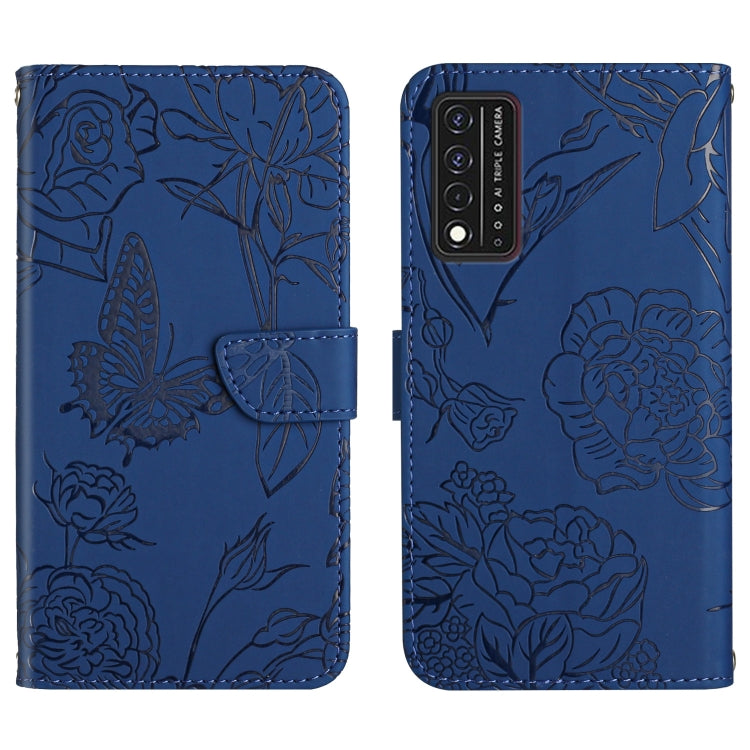 Blue embossed leather phone case with butterfly and peony floral pattern, camera details visible.