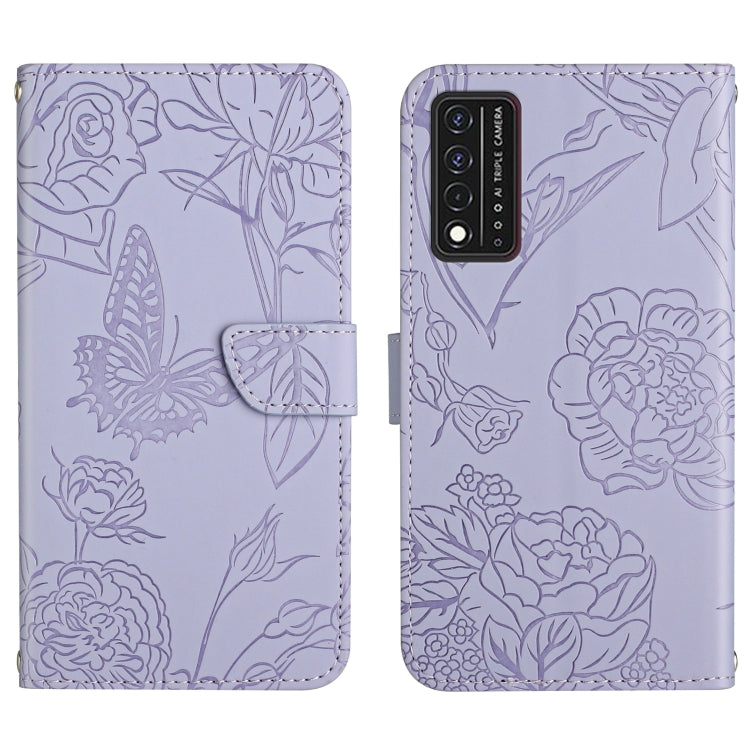 Lavender embossed leather phone case with peony and butterfly embossing, camera cutouts
