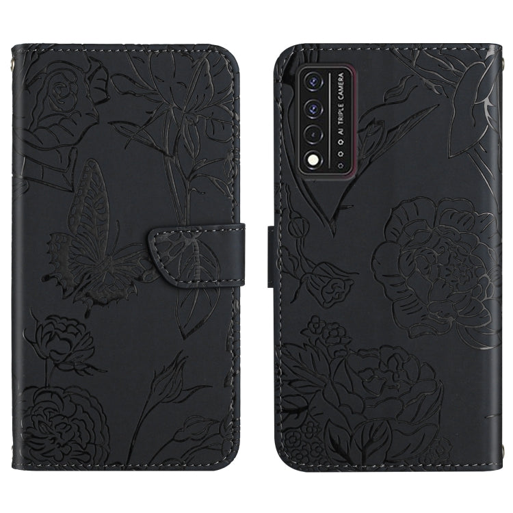Black embossed leather phone case with peony and butterfly embossing, multi-camera cutout