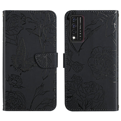 Black embossed leather phone case with peony and butterfly embossing, multi-camera cutout