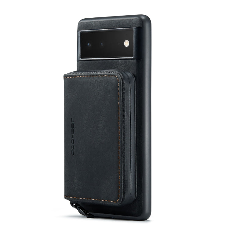 Magnetic zipper leather phone wallet case, black, side view with card pocket