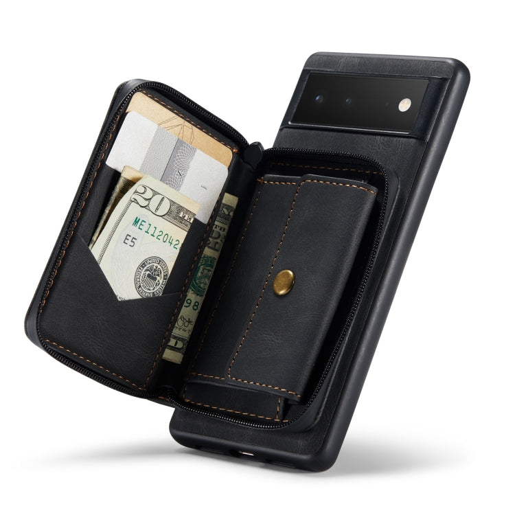 Magnetic zipper leather phone wallet case, black, open with card slots and zipper