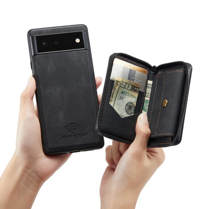 Magnetic zipper leather phone wallet case, black, shown held closed and open