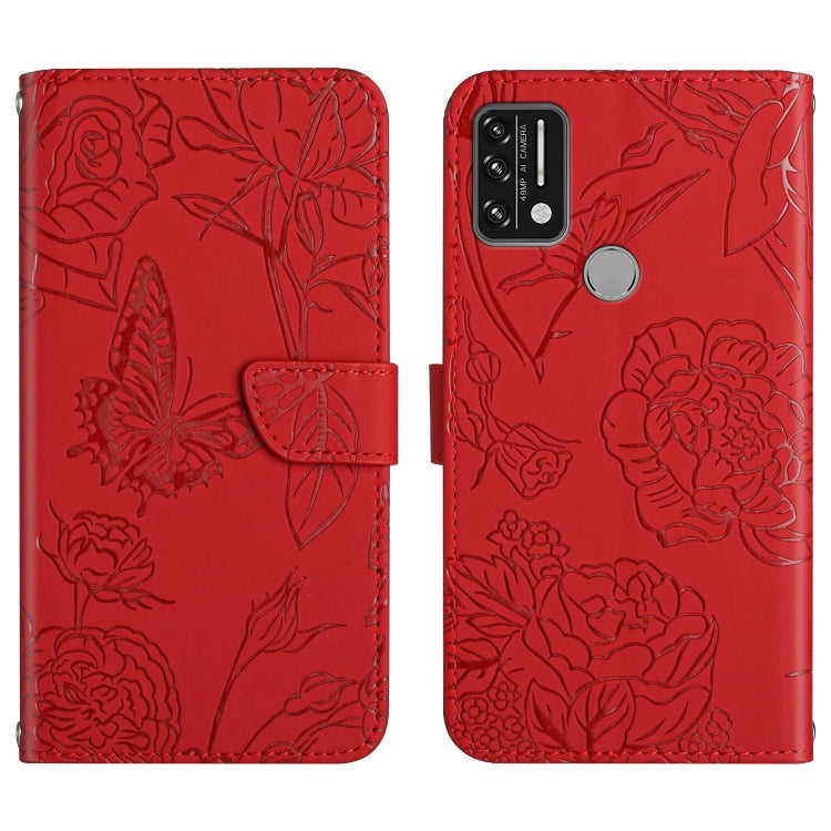 Red embossed leather phone case with butterfly and peony pattern, front and back