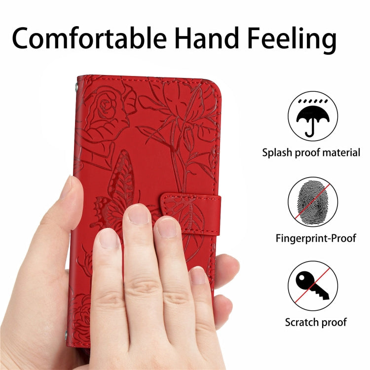 Red embossed leather phone case with butterfly and peony pattern, held in hand
