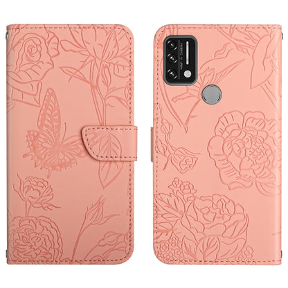 Pink embossed leather phone case with butterfly and peony floral pattern, flip cover