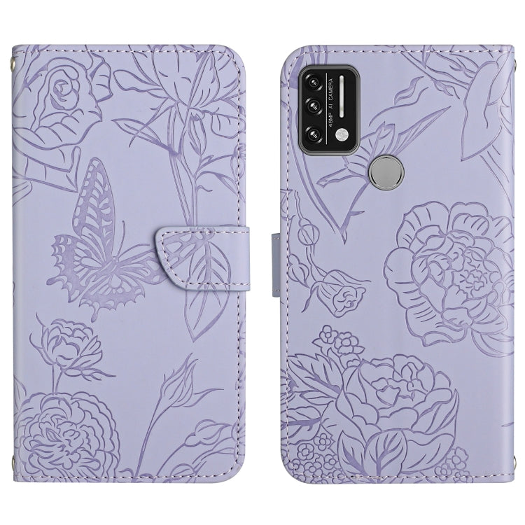 Lavender embossed leather phone case with butterfly-flower design, back camera cutout and round button.