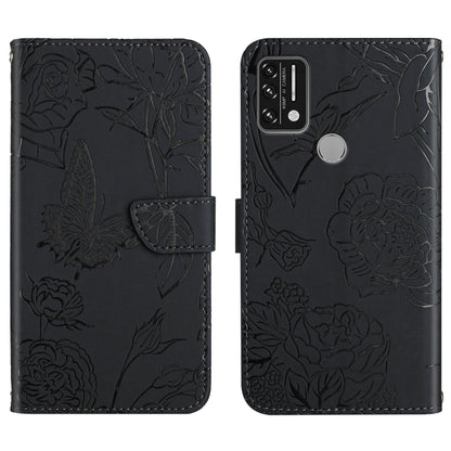 Black embossed leather folio phone case showing floral butterfly embossing and back camera cutout