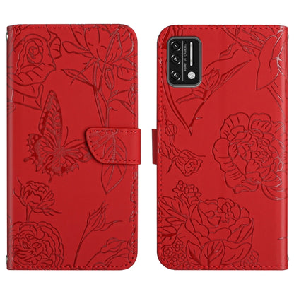 Red embossed leather phone case with butterfly and peony pattern, two-piece front/back