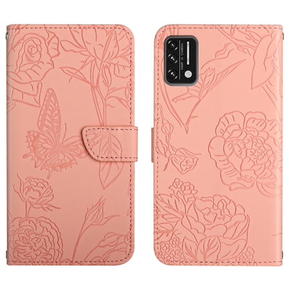 Pink embossed leather phone case with butterfly and peony floral pattern, front card slot