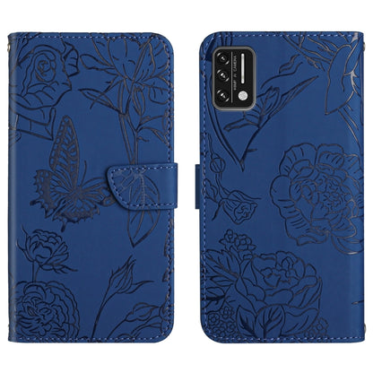 Blue embossed leather phone case with butterfly and flower pattern, front flap and back shown.