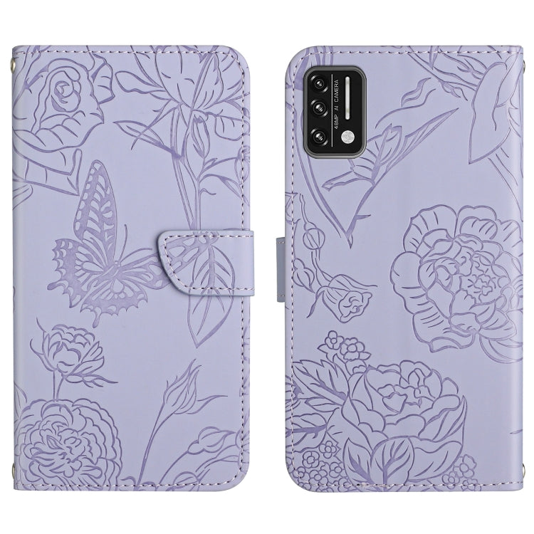 Lavender embossed leather phone case with butterfly and flowers, front flap and rear camera cutout.