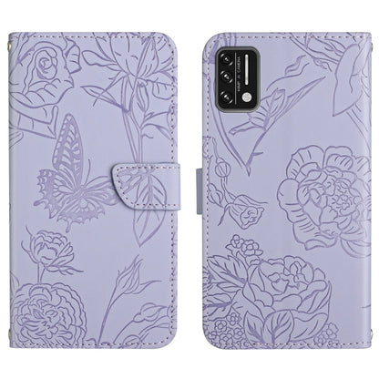 Lavender embossed leather phone case with butterfly and flowers, front flap and rear camera cutout.