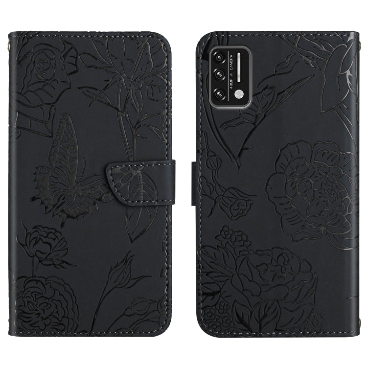 Black embossed leather folio phone case with detailed floral butterfly embossing and front flip cover