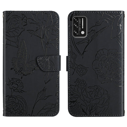 Black embossed leather folio phone case with detailed floral butterfly embossing and front flip cover