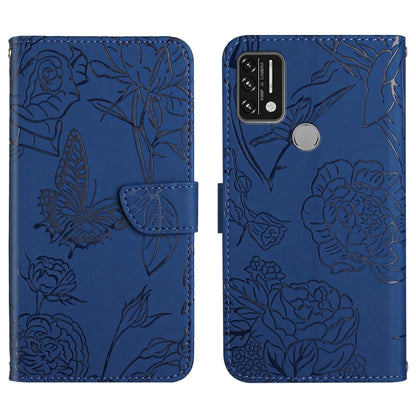 Blue embossed leather phone case with butterfly-flower design, back camera cutout and round button.