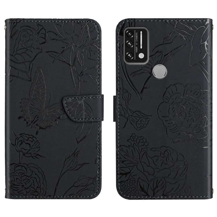 Black embossed leather folio phone case with butterfly peony pattern and visible camera and flash openings