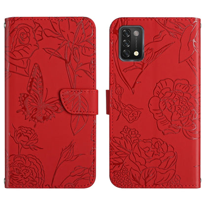 Red embossed leather phone case with butterfly and peony floral pattern, flip cover