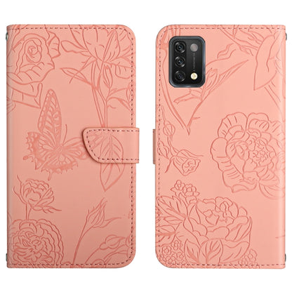 Pink embossed leather phone case with butterfly and peony floral pattern, flip cover