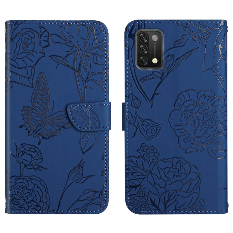 Blue embossed leather phone case with butterfly and flowers, front flap and rear camera cutout.