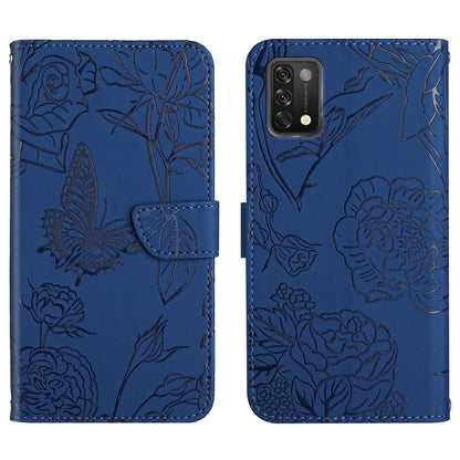 Blue embossed leather phone case with butterfly and flowers, front flap and rear camera cutout.