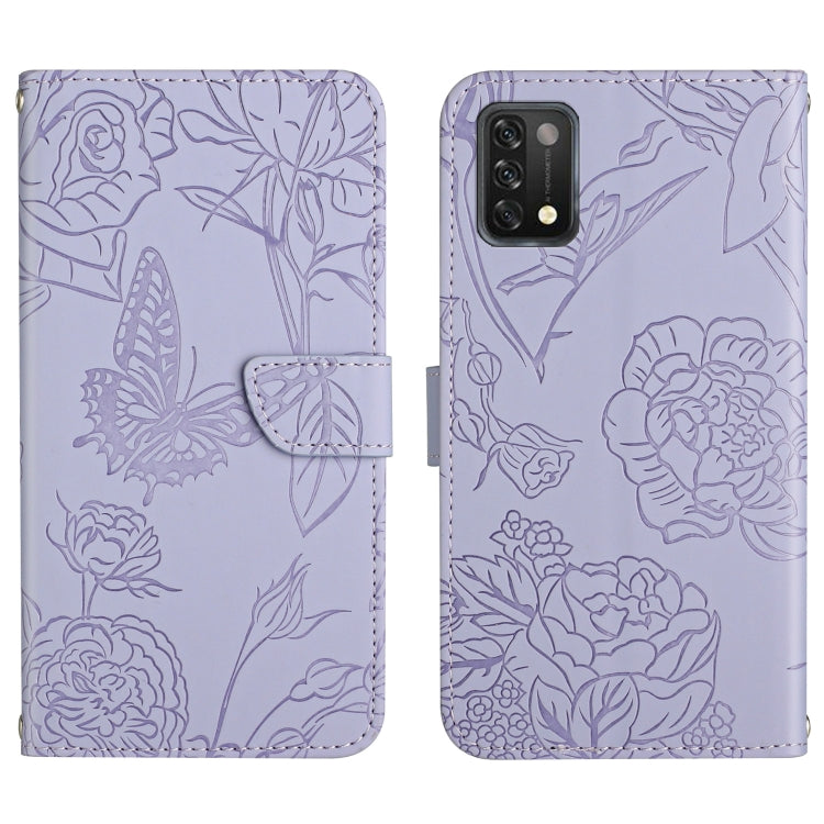 Lavender embossed leather phone case with butterfly and floral pattern, front flap and rear camera cutout.