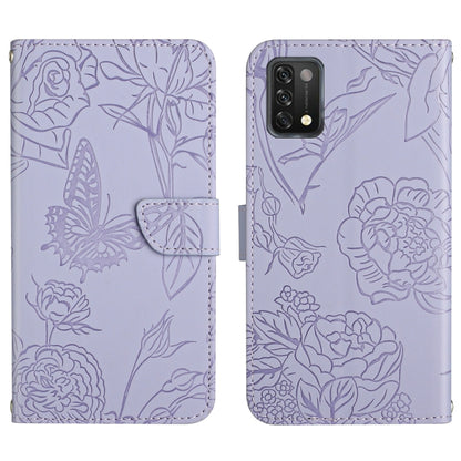 Lavender embossed leather phone case with butterfly and floral pattern, front flap and rear camera cutout.