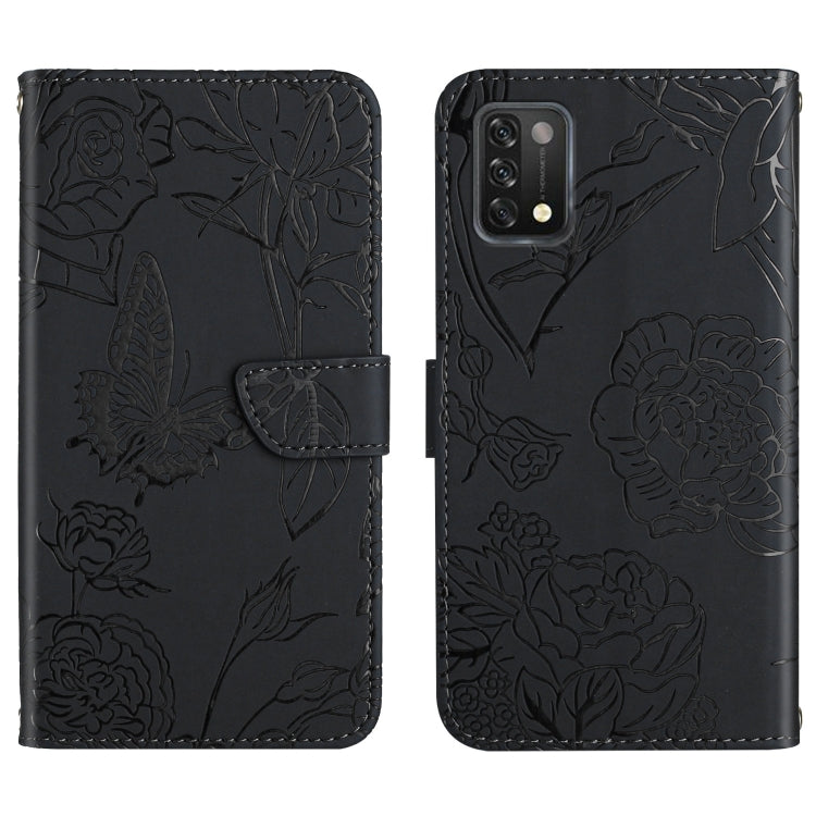 Black embossed leather folio phone case with embossed flowers and butterfly design; card window front