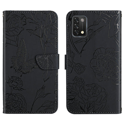 Black embossed leather folio phone case with embossed flowers and butterfly design; card window front