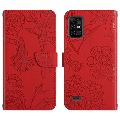 Red embossed leather phone case with butterfly and peony floral pattern, camera cutout