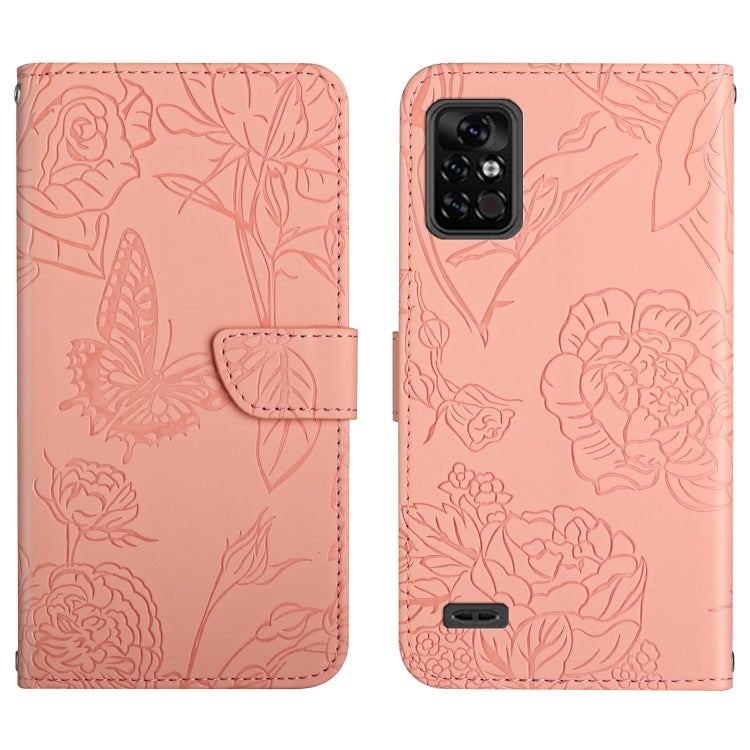 Pink embossed leather phone case with butterfly and peony floral pattern, camera cutout