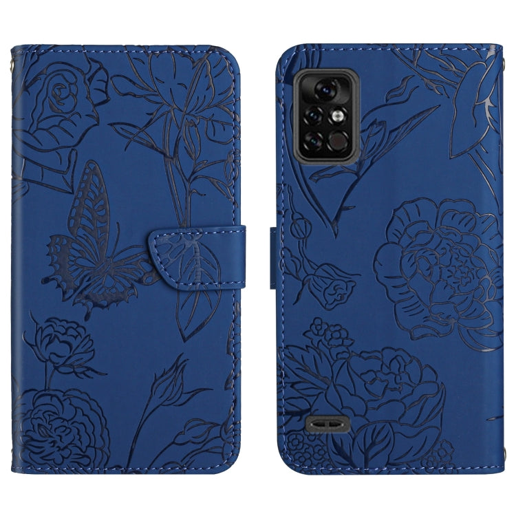 Blue embossed leather phone case with butterfly-flower design, back camera cutout and bottom port.