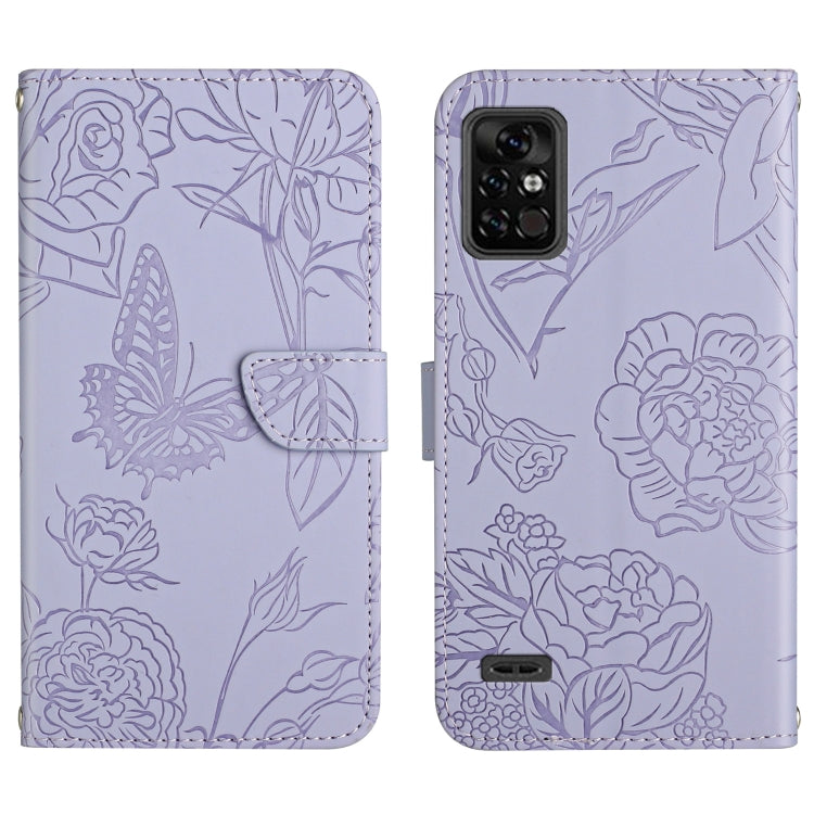 Lavender embossed leather phone case with butterfly-flower design, back camera cutout and bottom port.