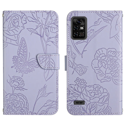 Lavender embossed leather phone case with butterfly-flower design, back camera cutout and bottom port.