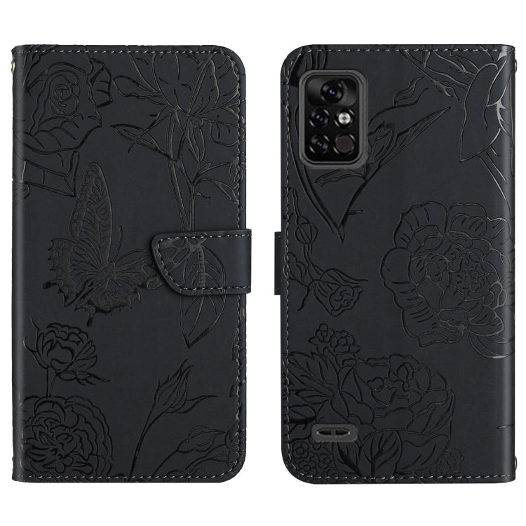 Black embossed leather folio phone case featuring floral butterfly embossing and back fingerprint circle