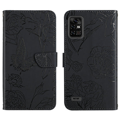Black embossed leather folio phone case featuring floral butterfly embossing and back fingerprint circle