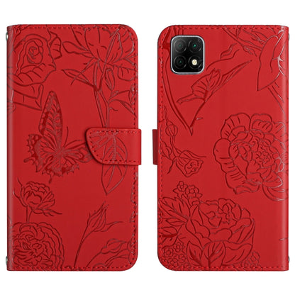 Red embossed leather phone case with floral butterfly peony pattern and folio wallet flap