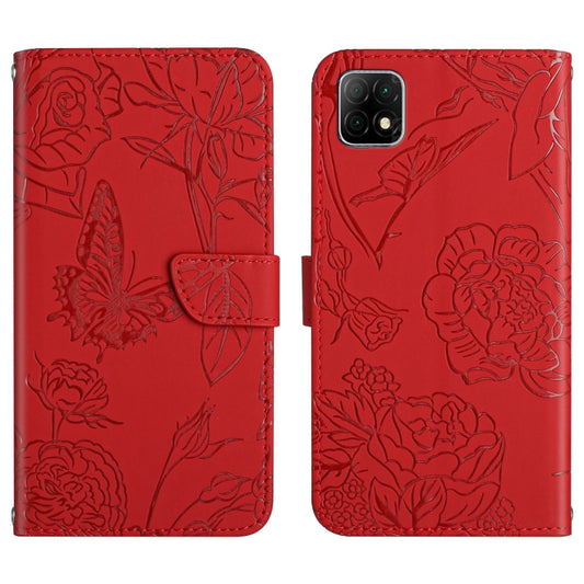 Red embossed leather phone case with floral butterfly peony pattern and folio wallet flap