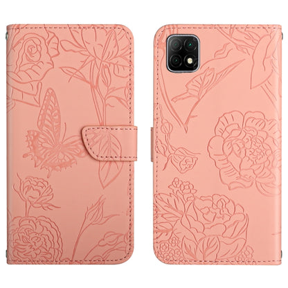 Pink embossed leather phone case with floral butterfly peony pattern and folio wallet flap