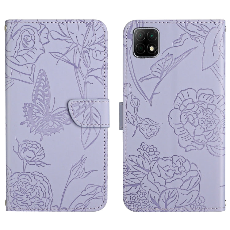 Lavender embossed leather phone wallet case with floral butterfly pattern, flip cover and strap