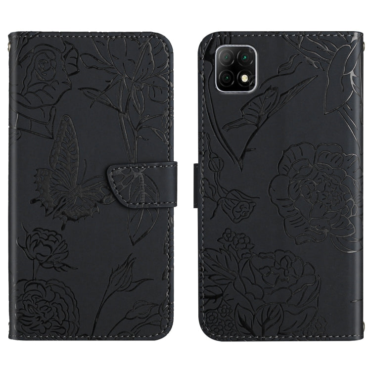Black embossed leather phone wallet case with floral butterfly pattern, flip cover and strap