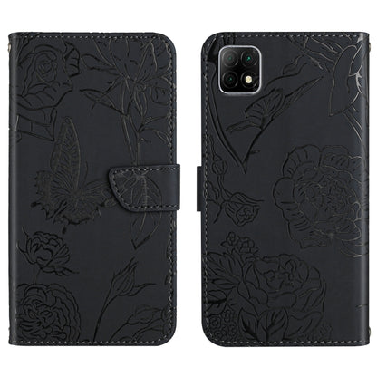 Black embossed leather phone wallet case with floral butterfly pattern, flip cover and strap
