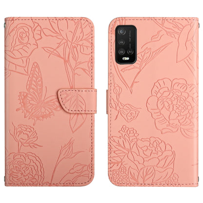 Pink embossed leather phone wallet case with floral butterfly pattern, flip cover and strap