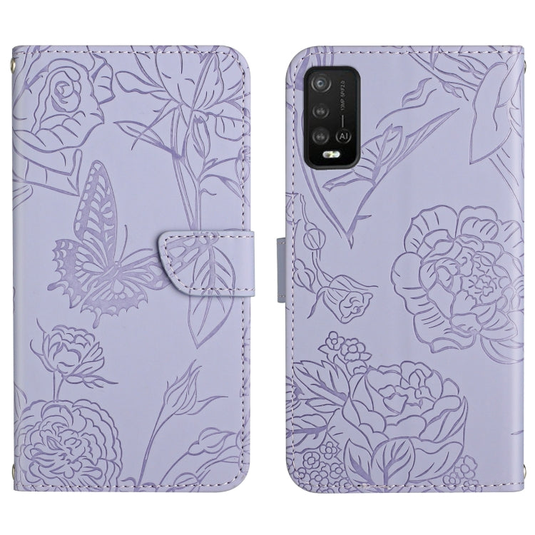 Lavender embossed leather phone wallet case with floral butterfly pattern, camera cutout