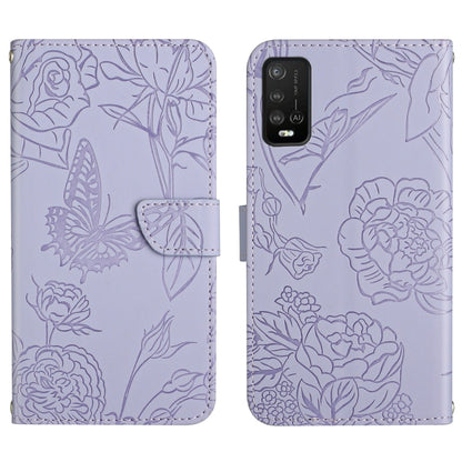 Lavender embossed leather phone wallet case with floral butterfly pattern, camera cutout