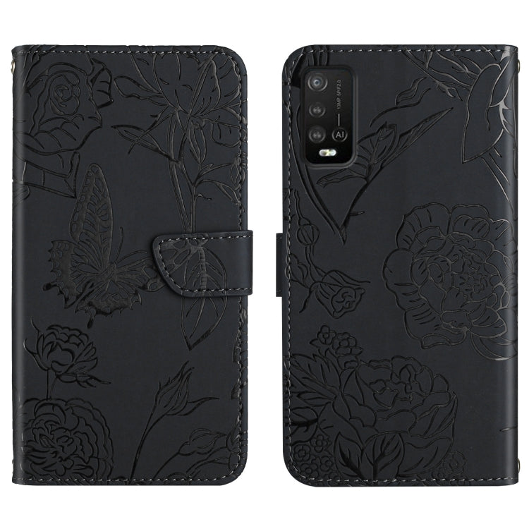 Black embossed leather phone wallet case with floral butterfly pattern, camera cutout and port access